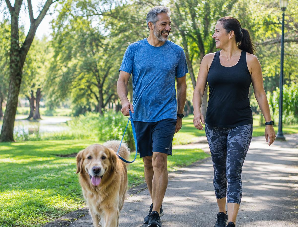 Casal sorridente passeando com o cachorro no parque
