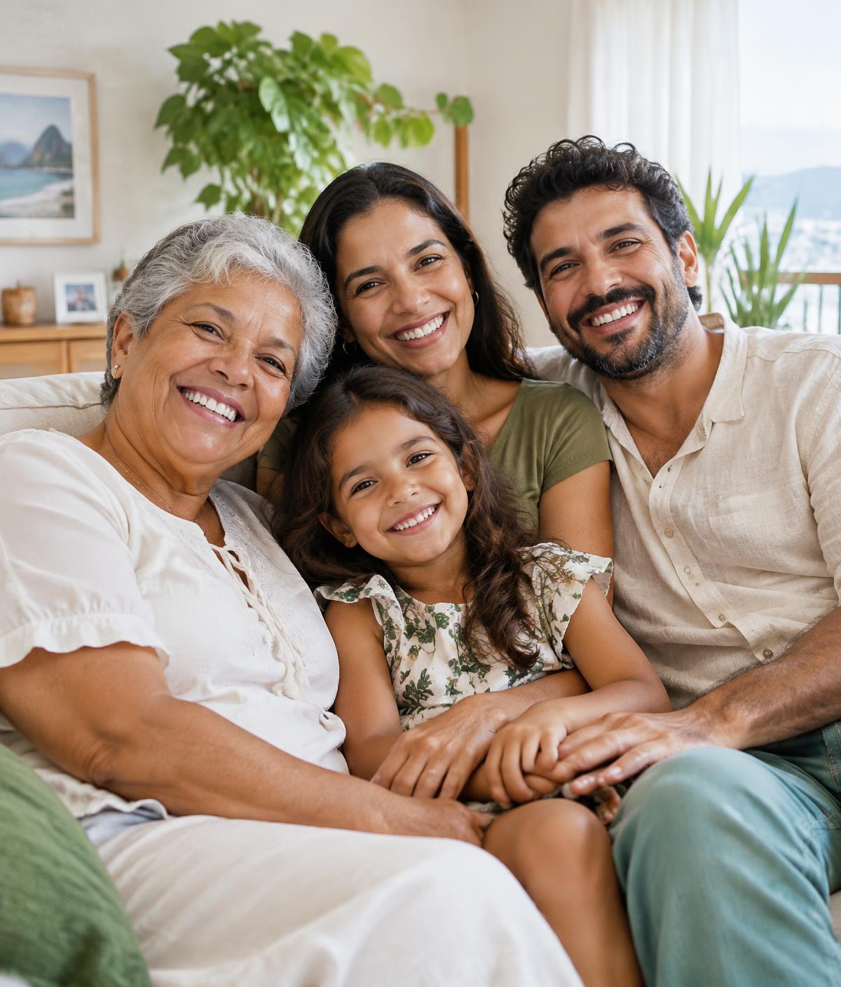 Família sorrindo junta no sofá de casa